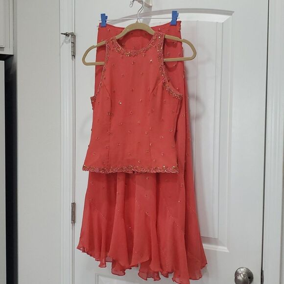 Laurence Kazar Sequin & Bead Boho Dress 2-piece Long Skirt Coral Silk Size 6 - Picture 1 of 11